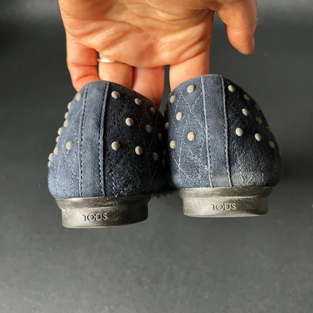 Tods Navy Blue Suede Quilted Studded Ballet Flats Shoes Made in Italy 38.5 US 8